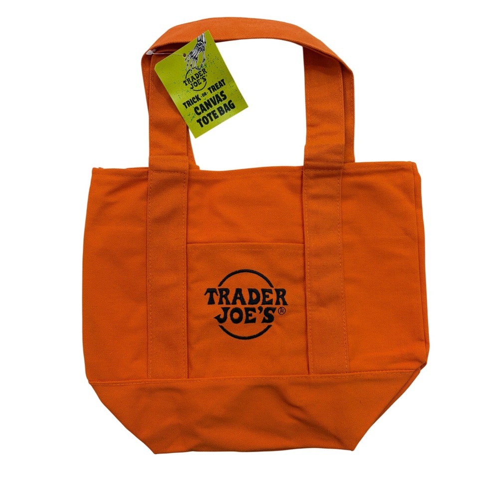 Trader Joes Trick or Treat Mini Canvas Tote Bag Solid Orange Halloween NWT